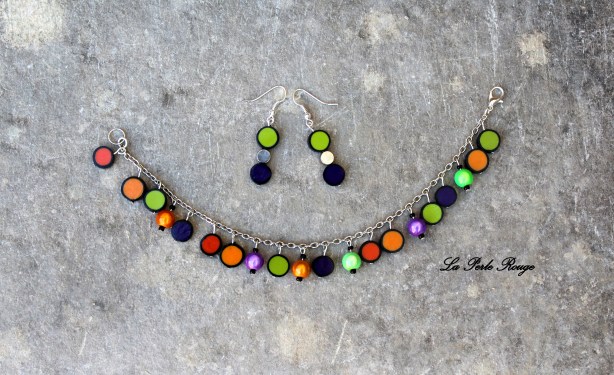 Parure bracelet + boucles (orange, vert et violet)